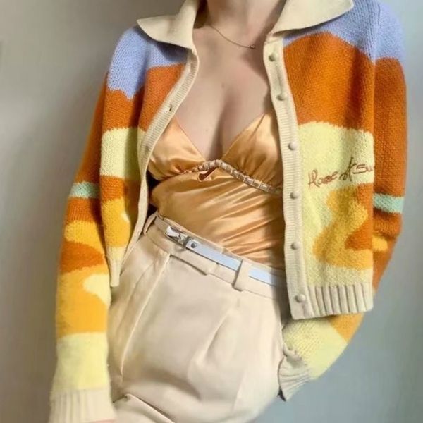 orange wavy lapel short sweater cardigan women's knitted cardigan fashion 201023, White;black
orange wavy lapel short sweater cardigan women's knitted cardigan fashion 201023, White;black