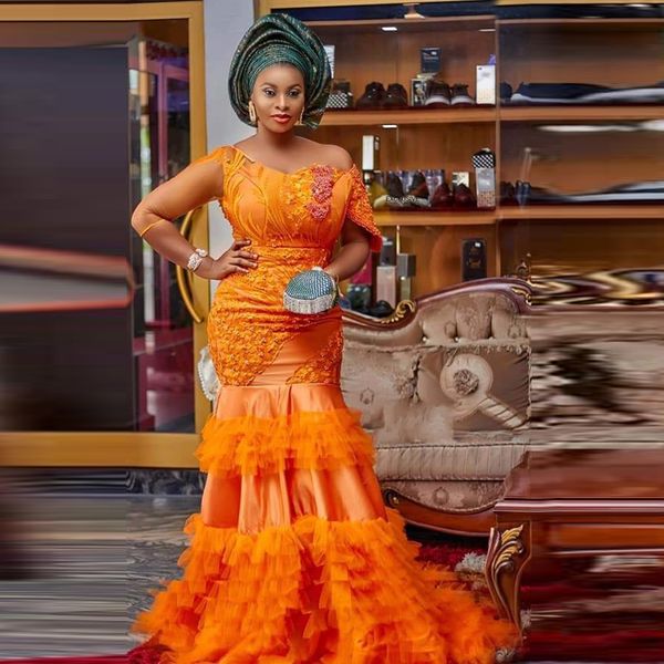 orange plus size evening dresses with illusion sleeves tiered appliques lace aso ebi prom dress mermaid african robe de soirée, Black;red