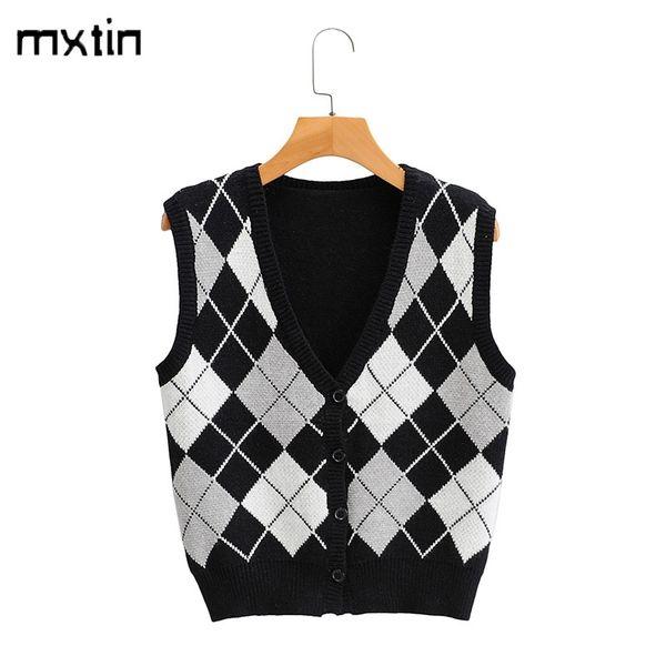 women fashion geometric rhombic cardigan knitted vest sweater v neck sleeveless england style female waistcoat chic y201128, Black;white
women fashion geometric rhombic cardigan knitted vest sweater v neck sleeveless england style female waistcoat chic y201128, Black;white