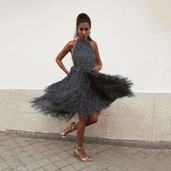 open back necked tassel dress ins new women's wear, Black;gray