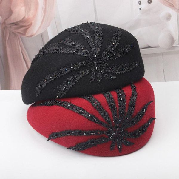 hat winter women's wool lace cricket-cap beret handmade black diamond bei lei mao england versitile fashion small ceremony, Blue;gray
hat winter women's wool lace cricket-cap beret handmade black diamond bei lei mao england versitile fashion small ceremony, Blue;gray