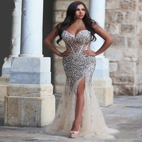 luxury crystals plus size wedding dresses sweetheart neck rhinestones split side bridal gowns mermaid floor length long beaded formal dress, White
luxury crystals plus size wedding dresses sweetheart neck rhinestones split side bridal gowns mermaid floor length long beaded formal dress, White