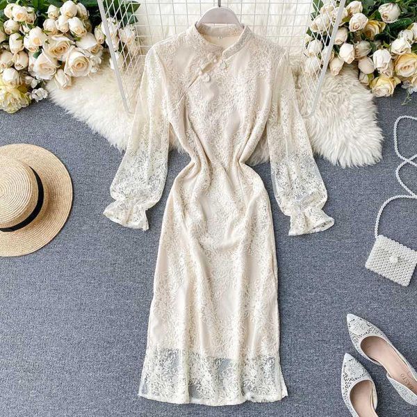 retro fashion 2020 new hollow lace long puff sleeve high waist thin dress women solid color vestidos l2501, Black;gray 
retro fashion 2020 new hollow lace long puff sleeve high waist thin dress women solid color vestidos l2501, Black;gray