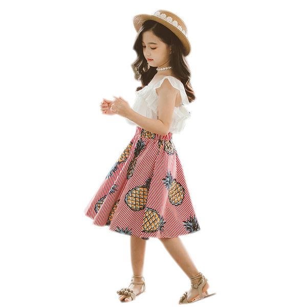 ml26468 girls' two-piece suit flower halter cool pineapple print skirt, summer dress, Black;gray
