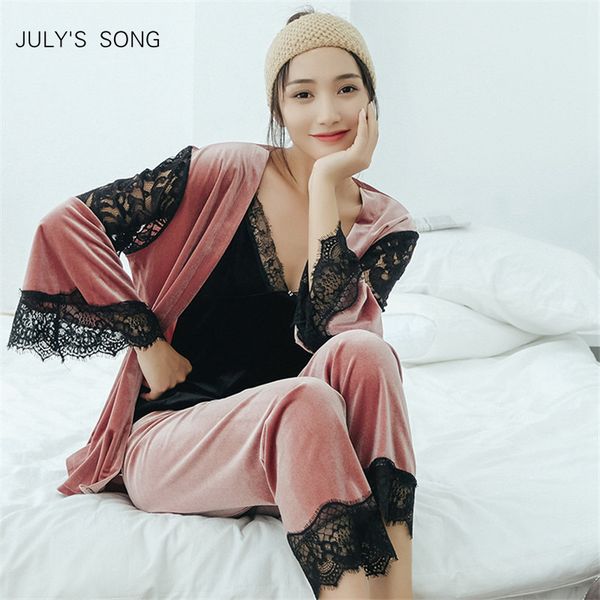 july's song gold velvet pajamas women autumn winter warm pajamas set women lace sleepwear sleeveless strap nightwear robe 201113, Black;red
july's song gold velvet pajamas women autumn winter warm pajamas set women lace sleepwear sleeveless strap nightwear robe 201113, Black;red