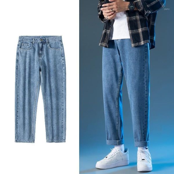 men's autumn new solid jeans fashion trend loose straight ankle-length pants four seasons casual trousers for man1, Blue