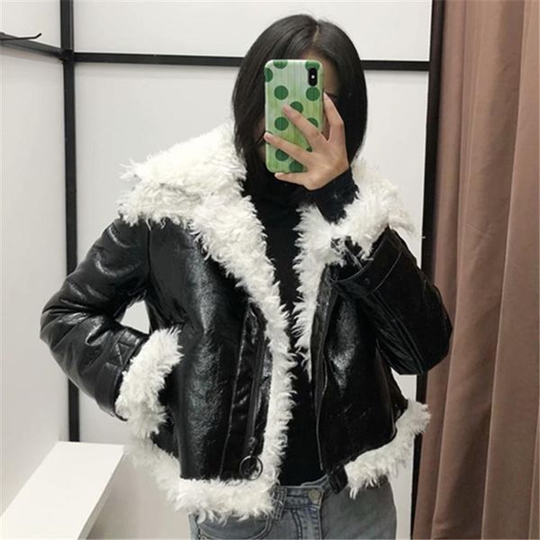 women's leather & faux 2021 loose pu jacket women classic moto biker autumn winter lady basic coat outerwear lamb splicing, Black
women's leather & faux 2021 loose pu jacket women classic moto biker autumn winter lady basic coat outerwear lamb splicing, Black