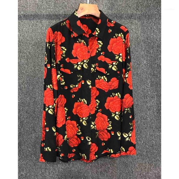 women shirt loose red flower printing black silk women chemise femme camisas de mujer1, White
women shirt loose red flower printing black silk women chemise femme camisas de mujer1, White