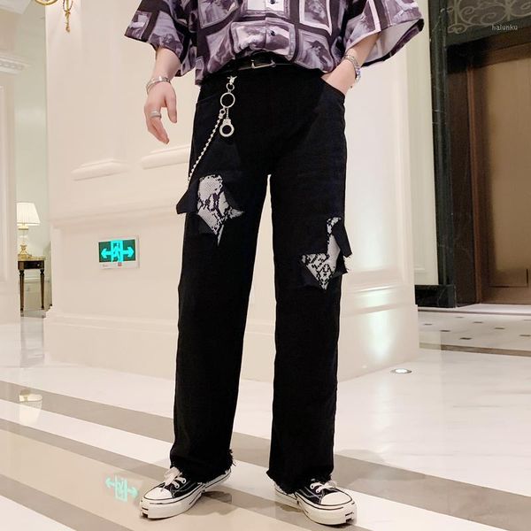 men's jeans men metal chain spliced hole ripped male streetwear hip hop punk gothic straight denim pants loose casual harem trousers1, Blue
men's jeans men metal chain spliced hole ripped male streetwear hip hop punk gothic straight denim pants loose casual harem trousers1, Blue