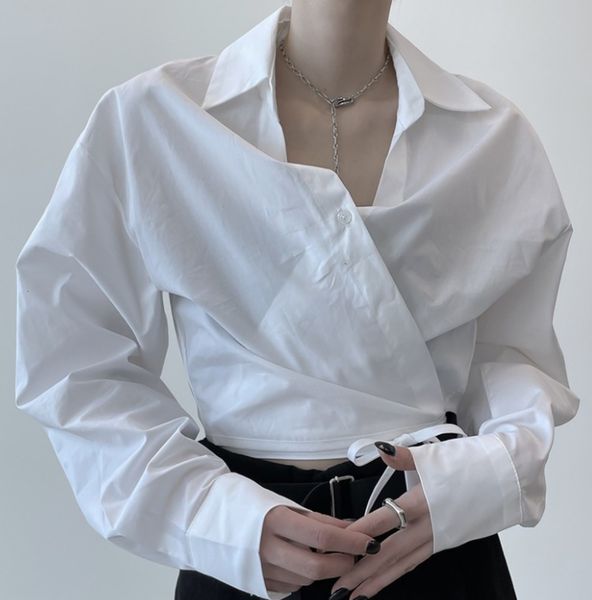 south korea's 20 winter modern fashion personalized inclined wrapped polo collar short lace up shirt, White
south korea's 20 winter modern fashion personalized inclined wrapped polo collar short lace up shirt, White