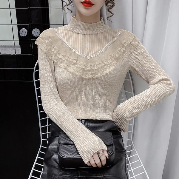 2021 korean version t-shirt spring new fashion lace splicing slim long sleeve high collar base 9gvc, White
2021 korean version t-shirt spring new fashion lace splicing slim long sleeve high collar base 9gvc, White