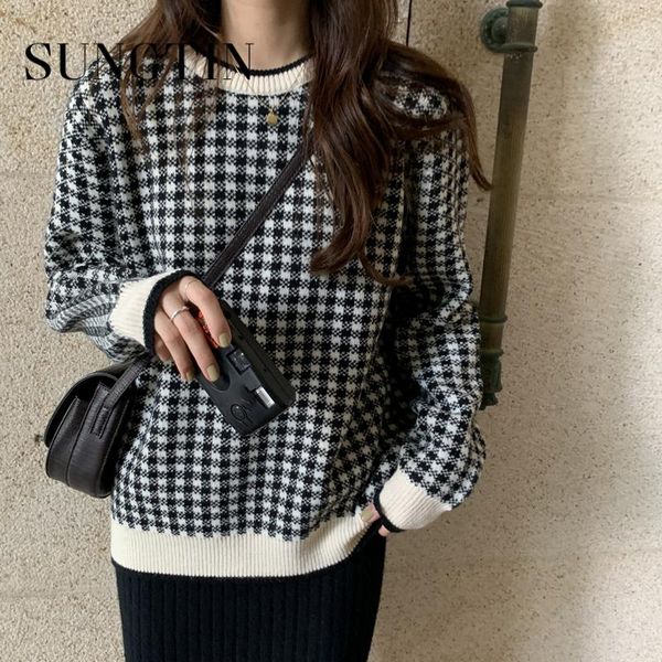 women's sweaters sungtin houndstooth knitted sweater women vintage casual o neck wram plaid pullovers loose black jumper elegant chic f, White;black
women's sweaters sungtin houndstooth knitted sweater women vintage casual o neck wram plaid pullovers loose black jumper elegant chic f, White;black
