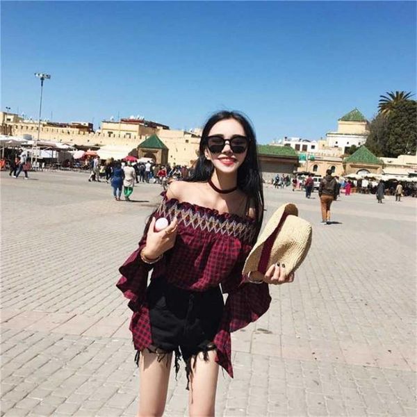 women's t-shirt cotton blend plaid t shirt spring summer off shoulder black red elegant short tank crop casual streetwear girl, White
women's t-shirt cotton blend plaid t shirt spring summer off shoulder black red elegant short tank crop casual streetwear girl, White