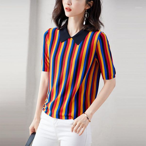 2020 fashion rainbow striped short sleeve sweater turn-down collar thin sweater jl-hy20191, White;black
2020 fashion rainbow striped short sleeve sweater turn-down collar thin sweater jl-hy20191, White;black