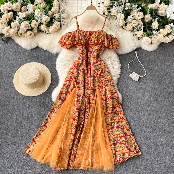 2021 new singiny boho floral girdle female design splice mesh line dressed summer outside the shoulder frilly beach dress long v717, Black;gray