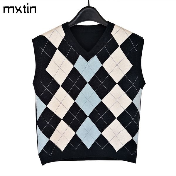 women fashion geometric rhombic knitted vest sweater v neck sleeveless england style female waistcoat chic y201128, Black;white
women fashion geometric rhombic knitted vest sweater v neck sleeveless england style female waistcoat chic y201128, Black;white