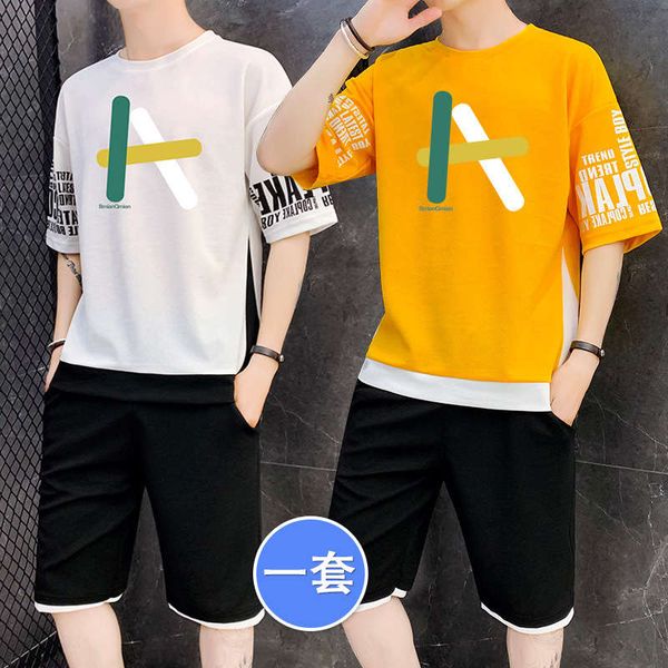 sports casual suit 2020 summer fashion ins crew neck sleeve t-shirt short pants 2-piece men's wear, Gray 
sports casual suit 2020 summer fashion ins crew neck sleeve t-shirt short pants 2-piece men's wear, Gray