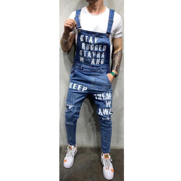 overalls jeans men safari style letter print loose pencil pants ripped distressed denim trousers full length male clothes 2021 q0105, Black;white
overalls jeans men safari style letter print loose pencil pants ripped distressed denim trousers full length male clothes 2021 q0105, Black;white