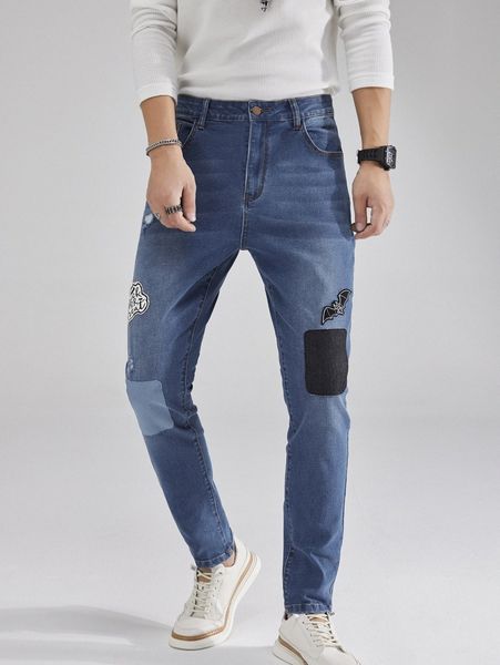 men slant pocket patch detail jeans 38zc#, Blue 
men slant pocket patch detail jeans 38zc#, Blue
