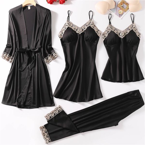women pajamas set 4pcs sleepwear satin silky robe suit kimono gown 2021 new nightwear with lace intimate lingerie homewear, Black;red
women pajamas set 4pcs sleepwear satin silky robe suit kimono gown 2021 new nightwear with lace intimate lingerie homewear, Black;red