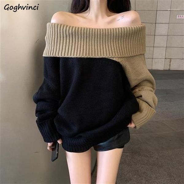 women's sweaters women pullovers sweater slash neck knitted patchwork korean fashion off shoulder warm office lady all-match big size 2, White;black
women's sweaters women pullovers sweater slash neck knitted patchwork korean fashion off shoulder warm office lady all-match big size 2, White;black