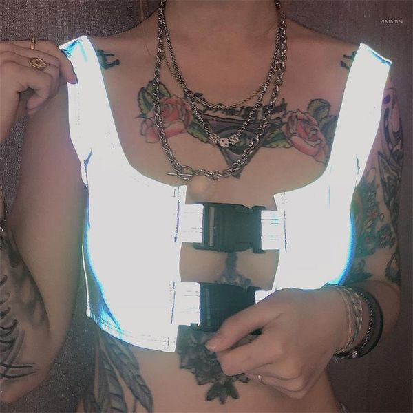 womens reflective vest hollow buckle crop sleeveless party clubwear fdc991, White