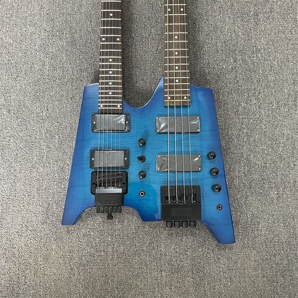 double neck headless electric guitar with flamed maple blue burst color 6 string guitar + 4 string bass combo guitars guitarra
double neck headless electric guitar with flamed maple blue burst color 6 string guitar + 4 string bass combo guitars guitarra