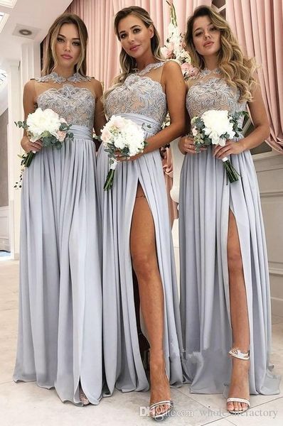 sheer mesh chiffon long boho bridesmaid dresses 2020 lace applique ruched split maid of honor gowns summer beach wedding guest dresses, White;pink 
sheer mesh chiffon long boho bridesmaid dresses 2020 lace applique ruched split maid of honor gowns summer beach wedding guest dresses, White;pink