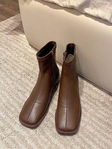 2020 elastic new retro-toe toe lateral solid thick wood grain mid-heels single female boots f6om, Black