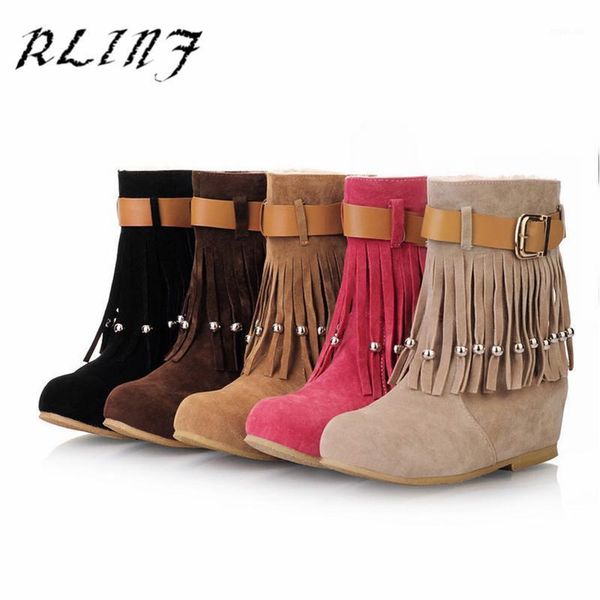 rlinf matte new wedge with tassel belt buckle non-slip female short boots1, Black