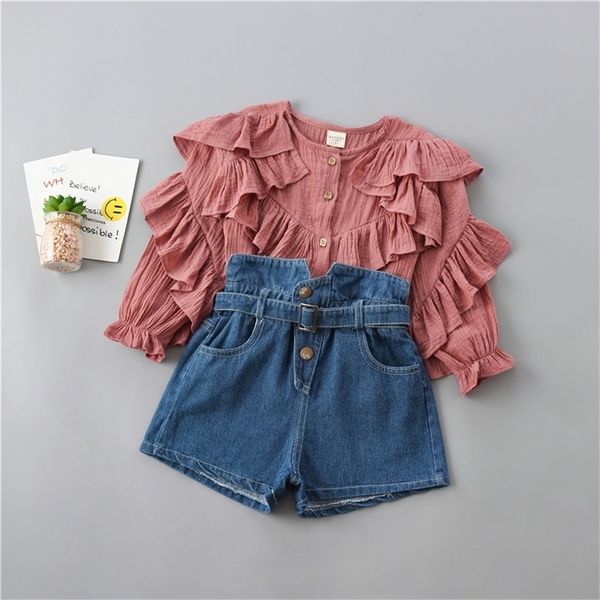 2-7 years girl clothing set new autumn fashion tiered ruched solid shirt + denim pant kid children clothing 201031, White
2-7 years girl clothing set new autumn fashion tiered ruched solid shirt + denim pant kid children clothing 201031, White