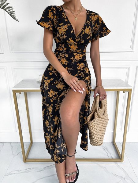 floral print plunging neck butterfly sleeve split thigh dress 93a6#, Black;gray
floral print plunging neck butterfly sleeve split thigh dress 93a6#, Black;gray