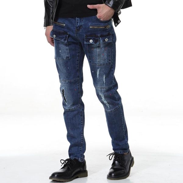 men's denim trousers new men's ripped jeans high-end boutique washed cotton multi-pocket casual pants, Blue
men's denim trousers new men's ripped jeans high-end boutique washed cotton multi-pocket casual pants, Blue