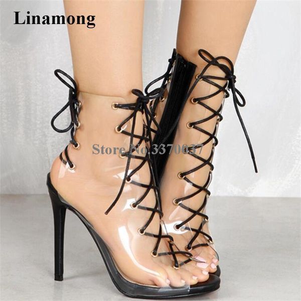 2020 new design women fashion pvc transparent gladiator short boots open toe cut-out lace-up super high heel sandals dress shoes1, Black
2020 new design women fashion pvc transparent gladiator short boots open toe cut-out lace-up super high heel sandals dress shoes1, Black