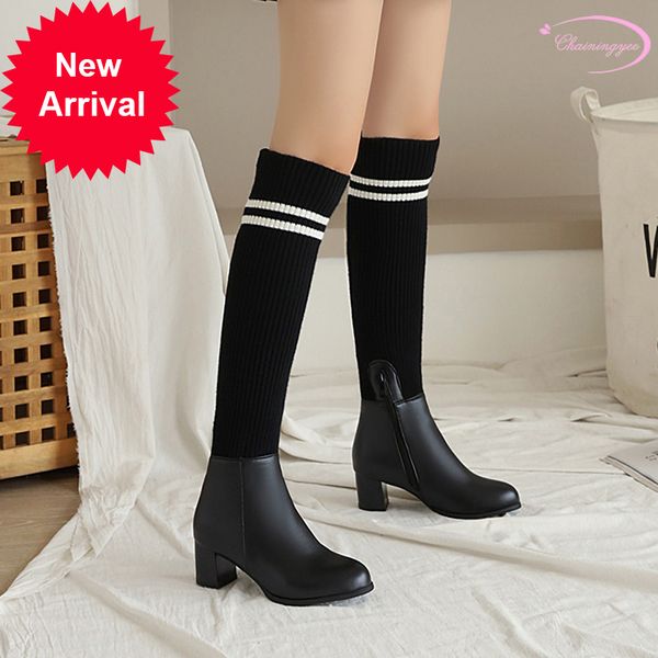 2021 the new sweet round head knit knee stripe white matching heels medium thick riding boots women's shoes 7hsh, Black
2021 the new sweet round head knit knee stripe white matching heels medium thick riding boots women's shoes 7hsh, Black