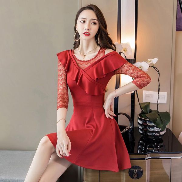 #5457 spring summer false two piece short dress women o neck ruffles pleated mini dress three quarter sleeve spliced lace, Black;gray
#5457 spring summer false two piece short dress women o neck ruffles pleated mini dress three quarter sleeve spliced lace, Black;gray