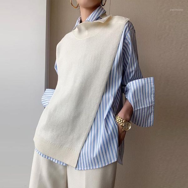 2021 spring new arrival turn-down collar streetwear stripe long-sleeved knitted patchwork blue shirt for women c9131, White
2021 spring new arrival turn-down collar streetwear stripe long-sleeved knitted patchwork blue shirt for women c9131, White