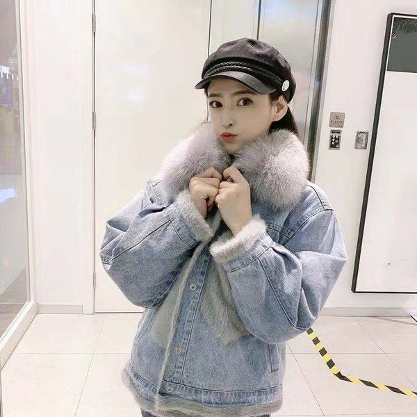 big fur collar plus velvet denim jacket women's short korean loose thick cotton coat autumn and winter new, Black;brown
big fur collar plus velvet denim jacket women's short korean loose thick cotton coat autumn and winter new, Black;brown