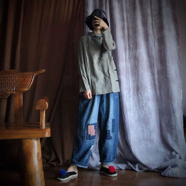 2020 autumn fall ancient mud chine improved side cardigan pure linen plaid shirt 15641, White
2020 autumn fall ancient mud chine improved side cardigan pure linen plaid shirt 15641, White