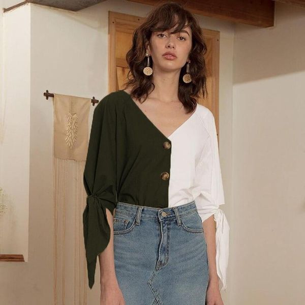 women fashion summer contrast color blouse patchwork elegant shirt half-sleeve, White
women fashion summer contrast color blouse patchwork elegant shirt half-sleeve, White
