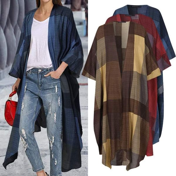 women's blouses & shirts vintage plaid kimono women cardigans celmia 2021 fashion long blouse sleeve casual beach cover up plus size to, White
women's blouses & shirts vintage plaid kimono women cardigans celmia 2021 fashion long blouse sleeve casual beach cover up plus size to, White