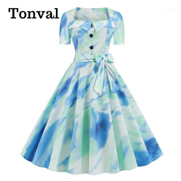 tonval square neck button front multicolor tie dye vintage dress with belt women elegant party rockabilly pin up dresses1, White;black
tonval square neck button front multicolor tie dye vintage dress with belt women elegant party rockabilly pin up dresses1, White;black