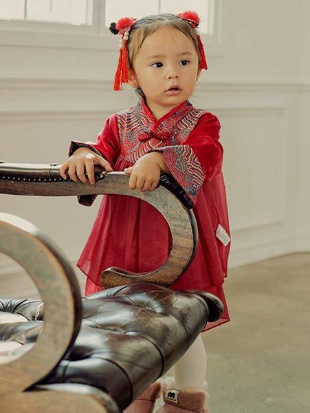 baby flounce sleeve frog button layered hem dress she, Red;yellow