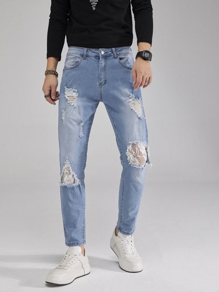 men ripped washed jeans 32n4#, Blue