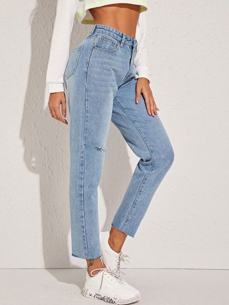 acid wash destroyed raw hem mom jeans j4jo#, Blue
