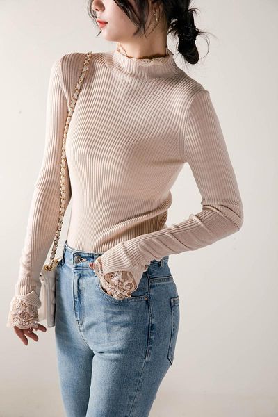 women's sweaters women sweater merino wool lace embellished long-sleeved knitwear for fall half high double collar stitching slim fit, White;black
women's sweaters women sweater merino wool lace embellished long-sleeved knitwear for fall half high double collar stitching slim fit, White;black