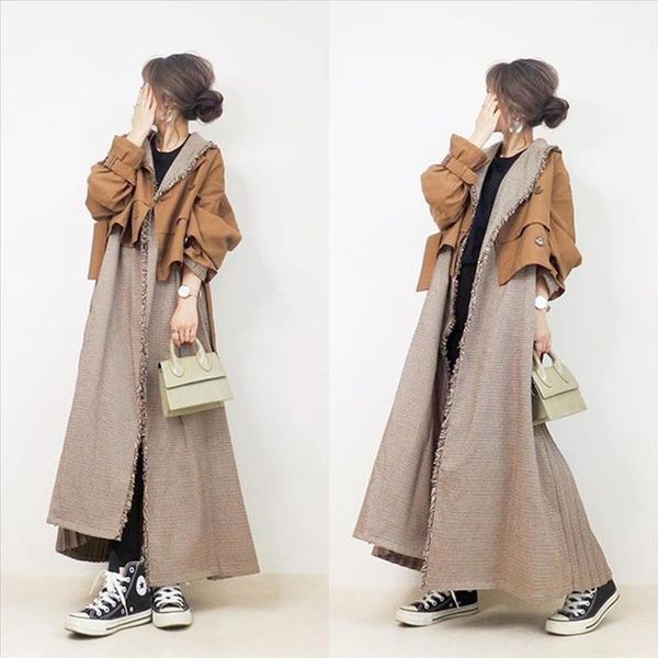women harajuku mid length trench coat japan korea style loose chic trendy fashion casual spring autumn female fake two overcoat, Tan;black
women harajuku mid length trench coat japan korea style loose chic trendy fashion casual spring autumn female fake two overcoat, Tan;black