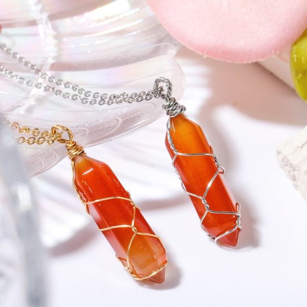 fashion red agate stone hexagonal prism pendant gold wire wrap necklace for women jewelry wholesale, Silver
fashion red agate stone hexagonal prism pendant gold wire wrap necklace for women jewelry wholesale, Silver