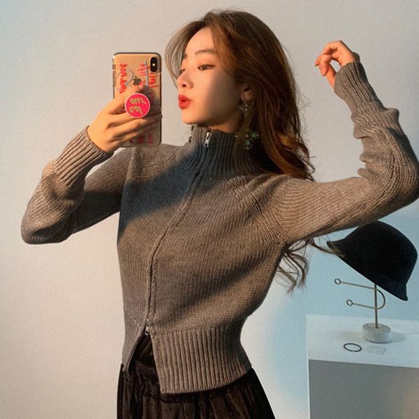 cool lady slim short style sweater women knitted zipper up autumn winter pull femme jersey mujer petite t200116, White;black
cool lady slim short style sweater women knitted zipper up autumn winter pull femme jersey mujer petite t200116, White;black