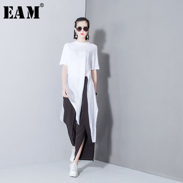 

[eam] women white solid color asymmetrical vent long t-shirt new round neck short sleeve fashion tide spring summer t298 201125